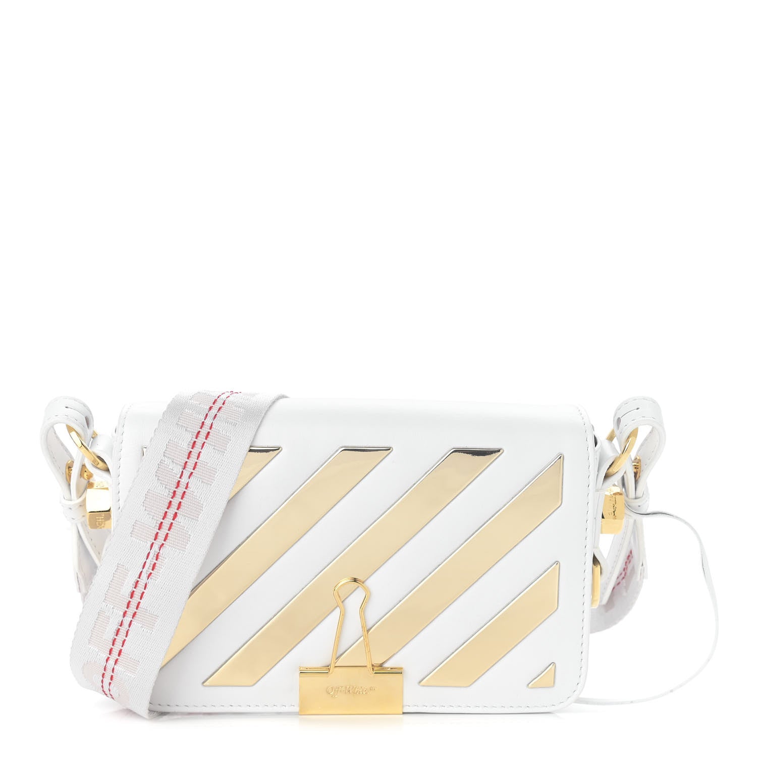 Off-White Calfskin Metallic Mini Binder Clip Crossbody White Gold 1 of 10