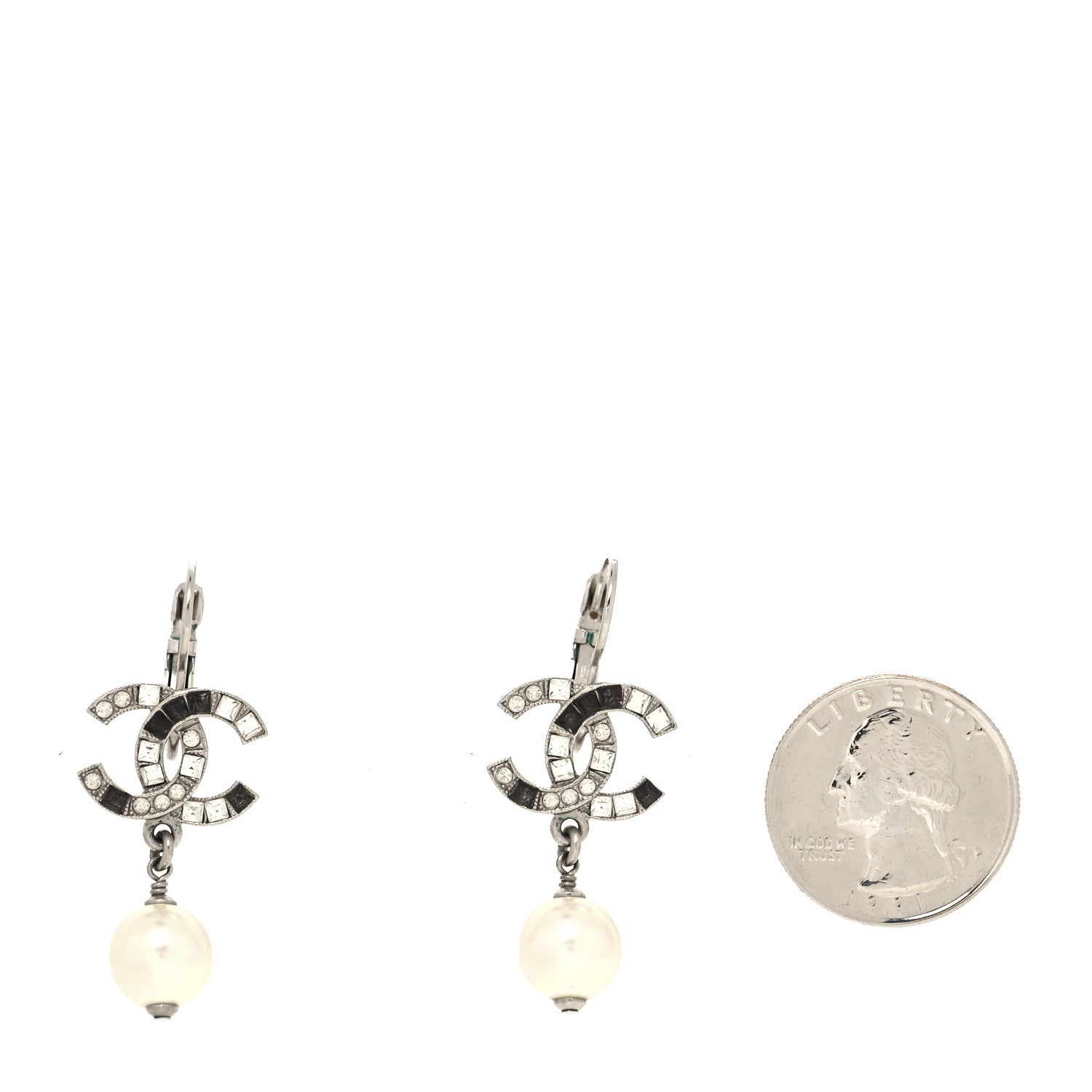 Chanel Baguette Crystal Pearl CC Drop Earrings Silver Black 2 of 4