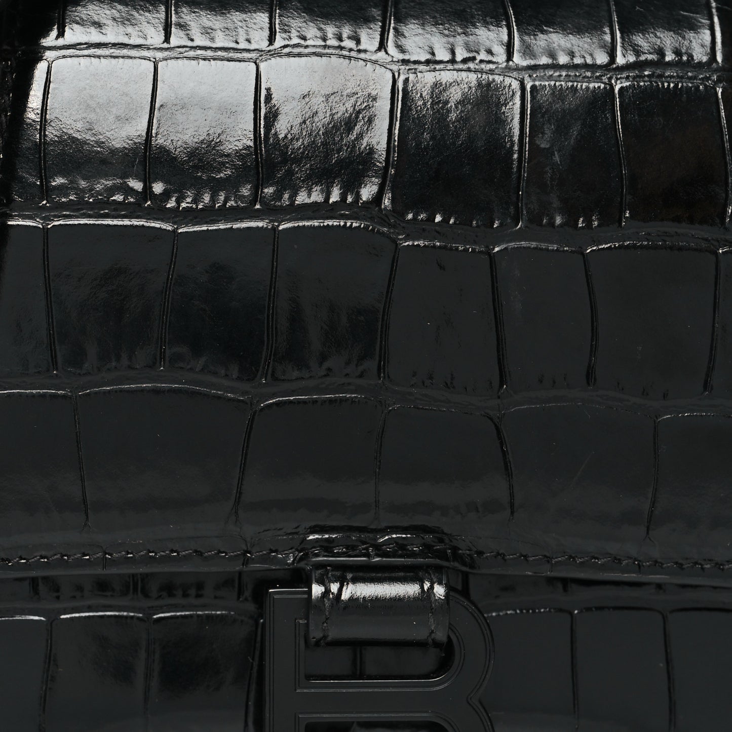 Shiny Calfskin Monochrome Crocodile Embossed Small Hourglass Top Handle Bag Black
