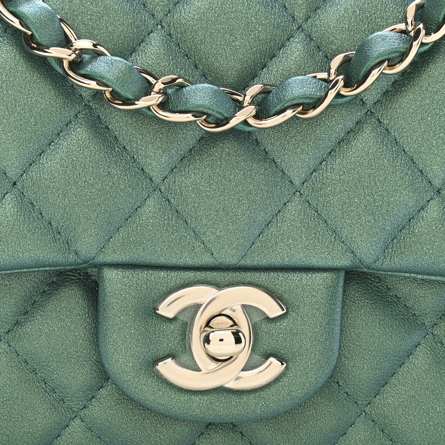 Iridescent Calfskin Quilted Mini Rectangular Flap Green