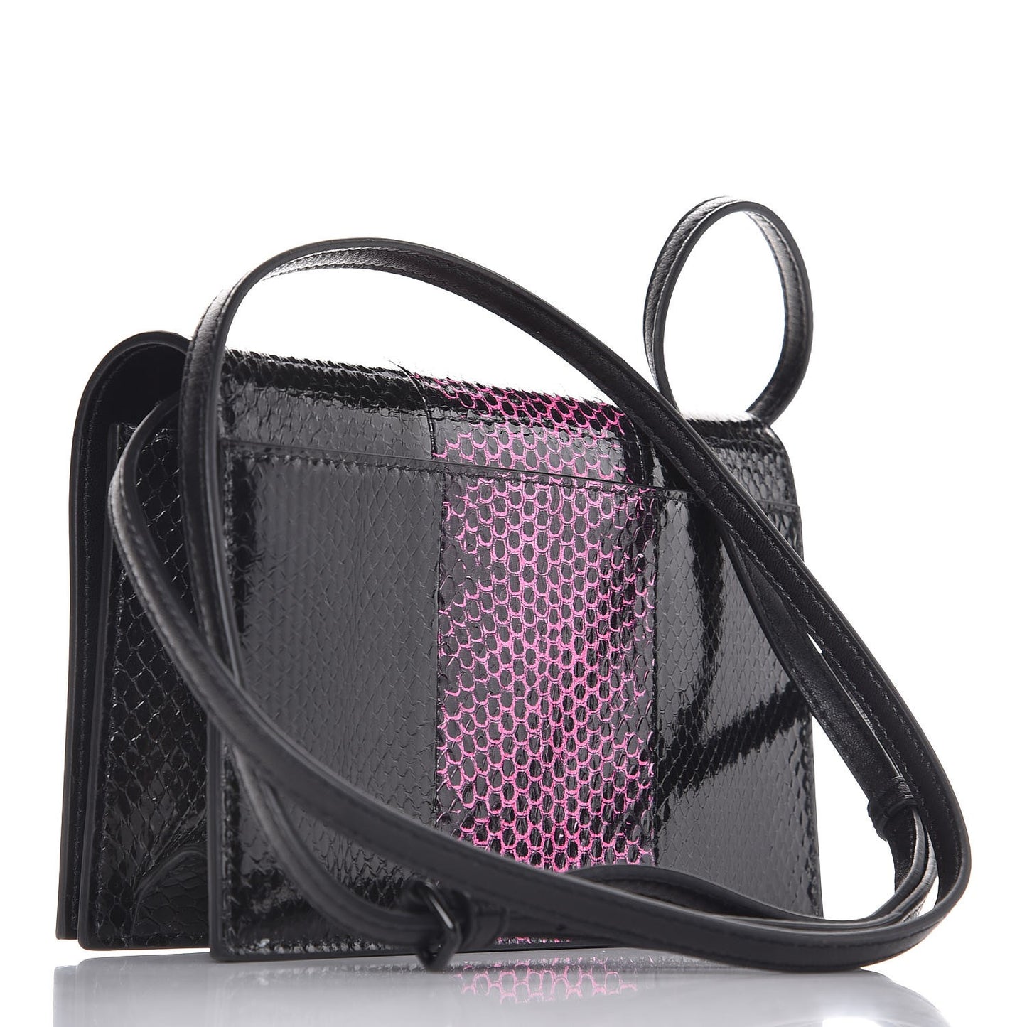 Snakeskin Two Tone Monogram Toy Kate Strap Wallet Black Fuchsia