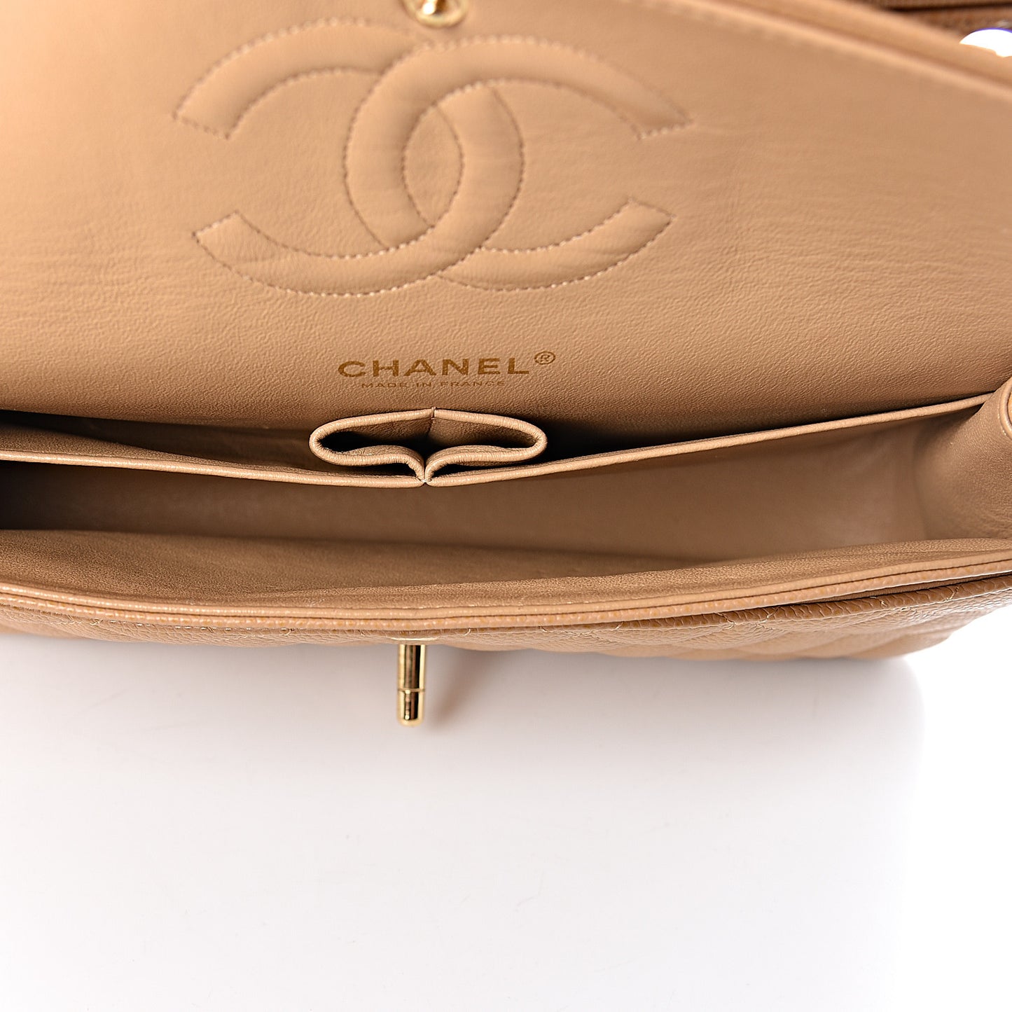 Caviar Quilted Medium Double Flap Beige