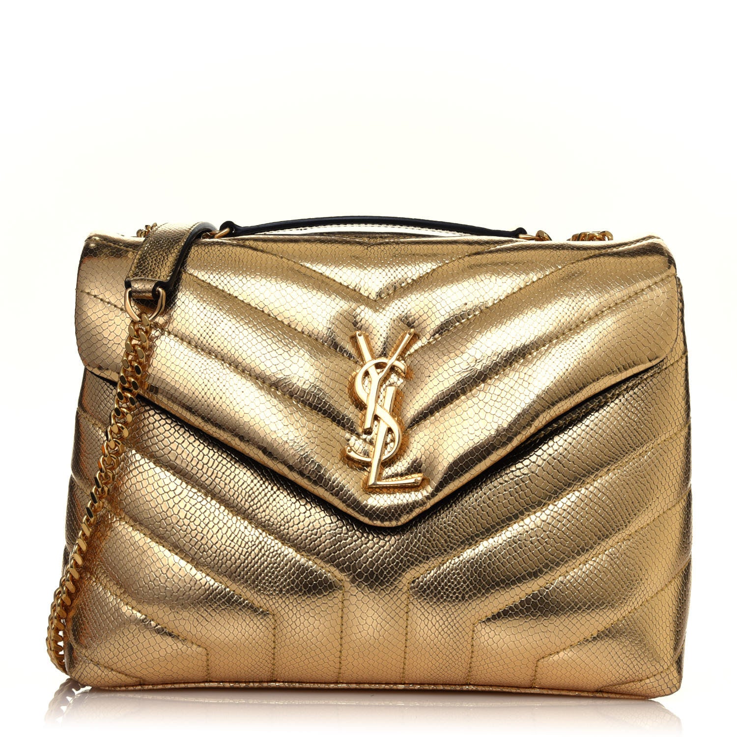 Saint Laurent Snake Embossed Lame Y Quilted Small Loulou Monogram Chain Satchel Oro 1 of 13