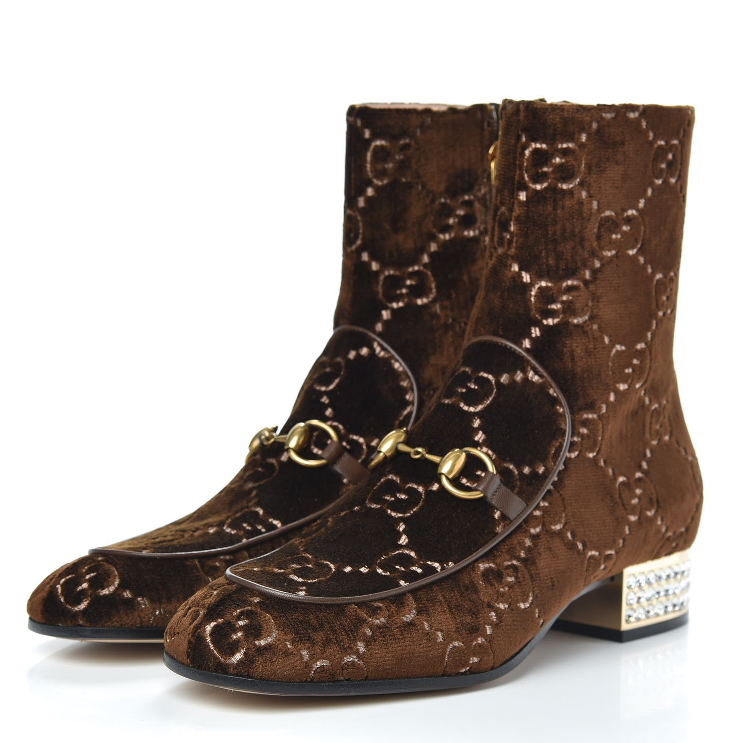Gucci Velvet GG Monogram Crystal Horsebit Ankle Boots 40 Brown Vintage Cocoa 3 of 8