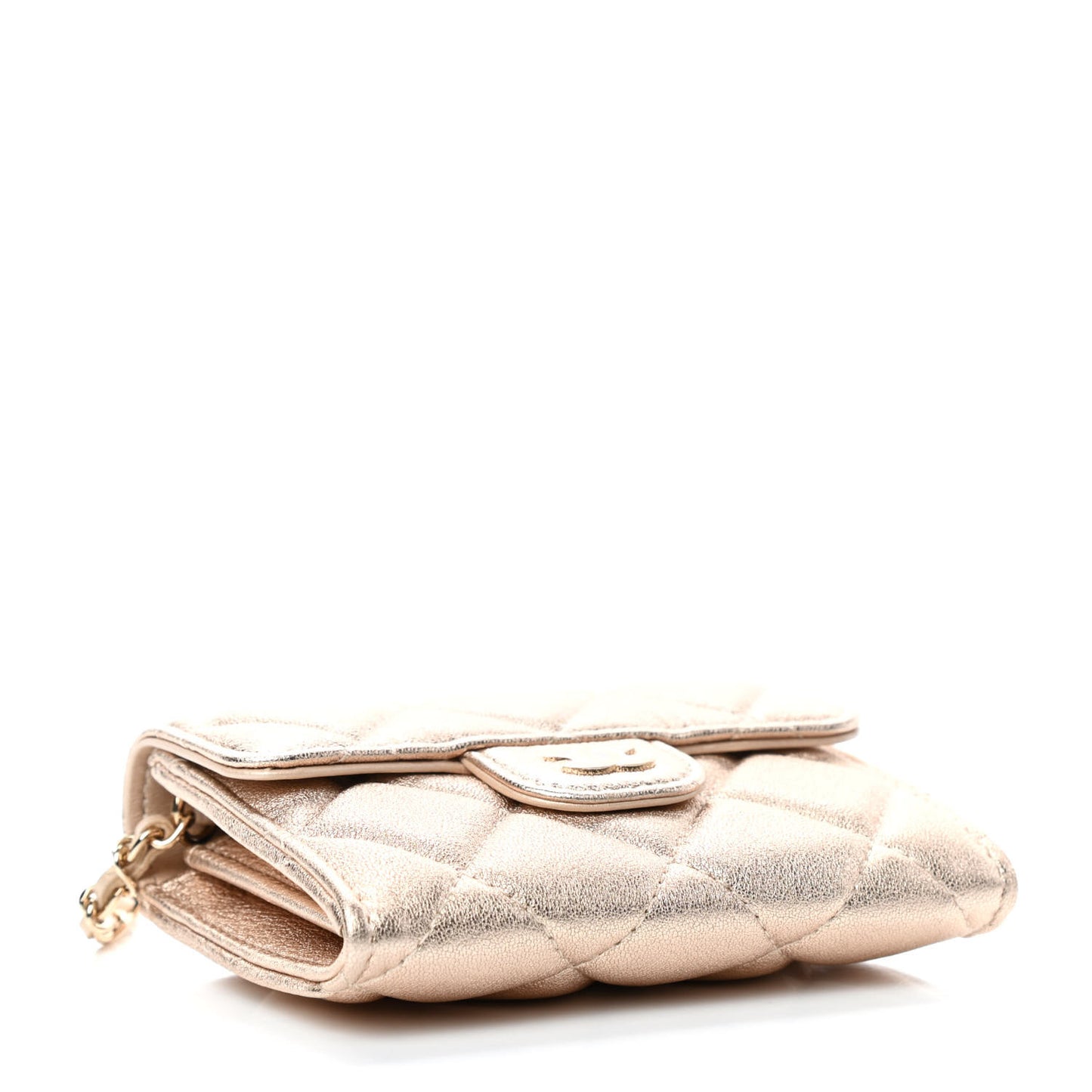 Metallic Lambskin Quilted Flap Card Holder On Chain Gold