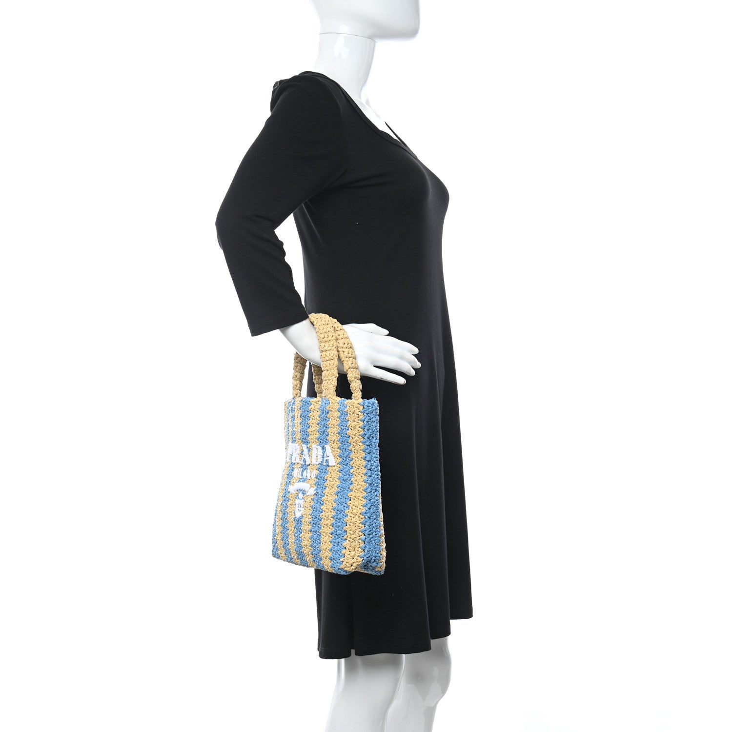 Prada Yarn Raffia Effect Crochet Striped Small Logo Tote Naturale Celeste 2 of 8