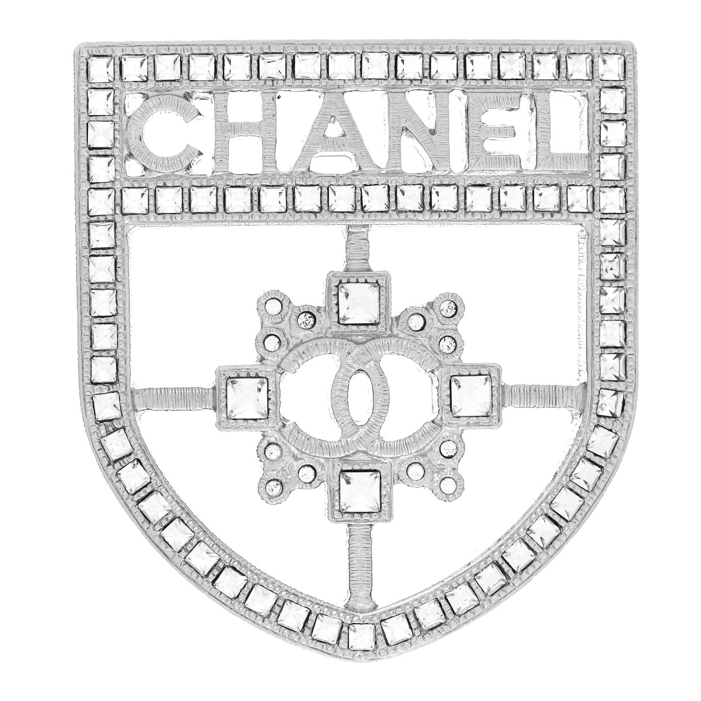 Swarovski Baguette Crystal CC Shield Brooch Silver