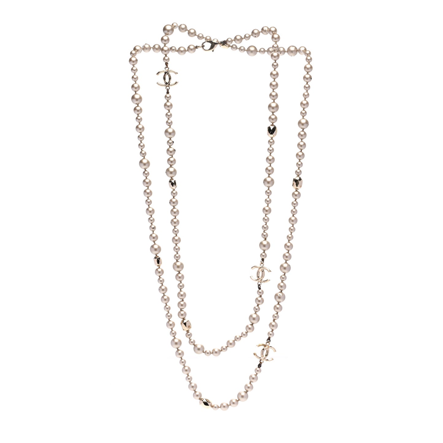 Pearl CC Long Necklace Gold Pearly Beige
