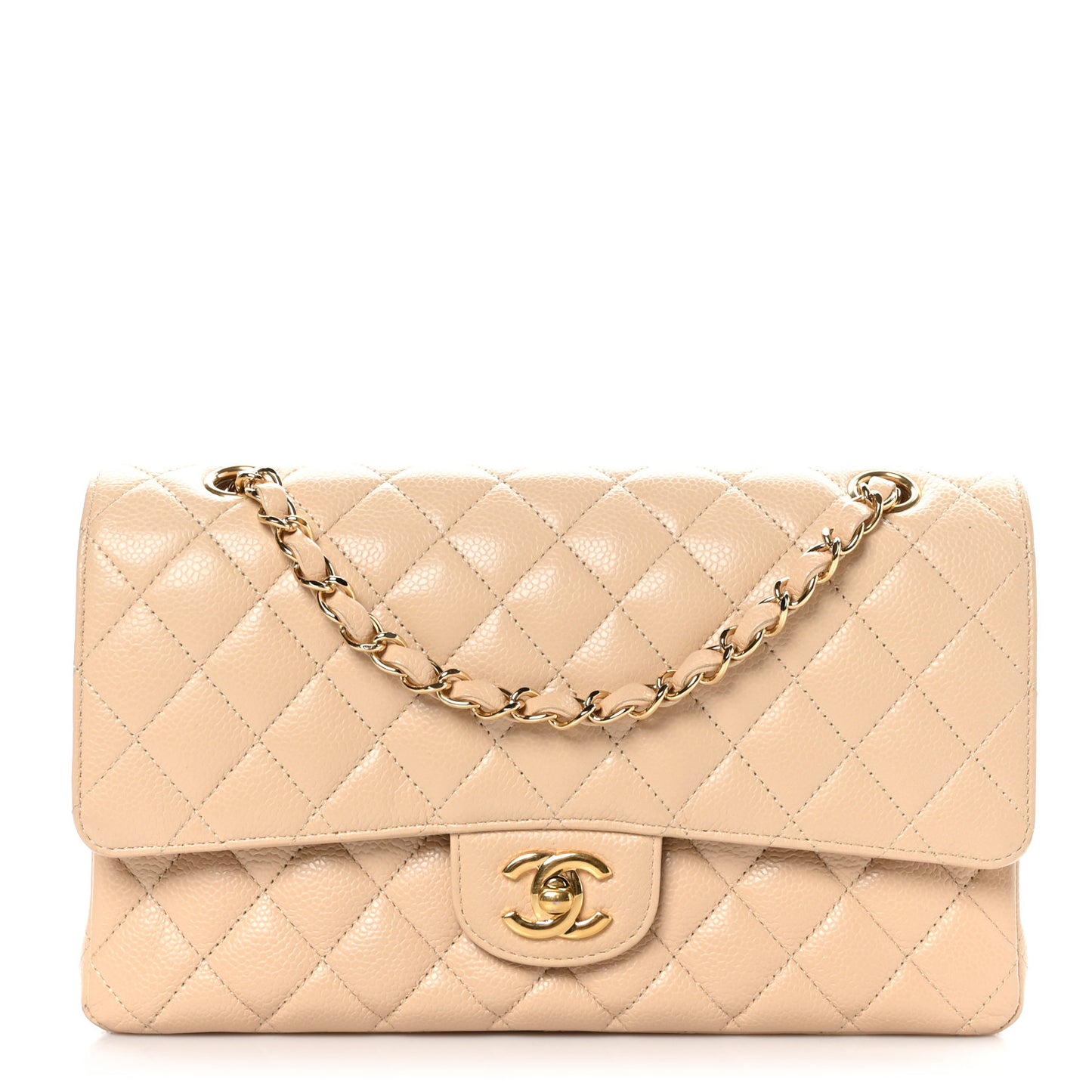 Caviar Quilted Medium Double Flap Beige