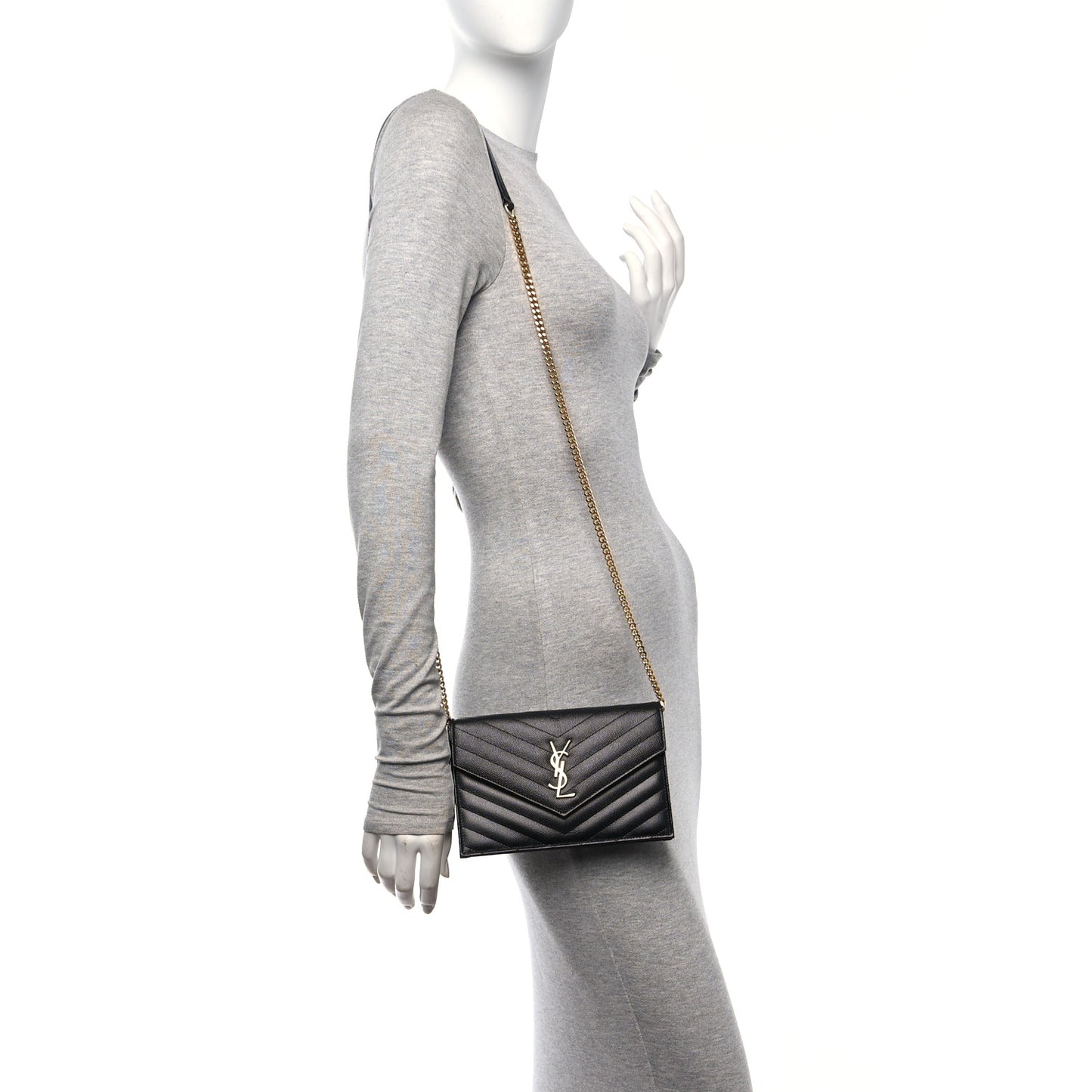 Grain De Poudre Matelasse Chevron Monogram Envelope Chain Wallet Black