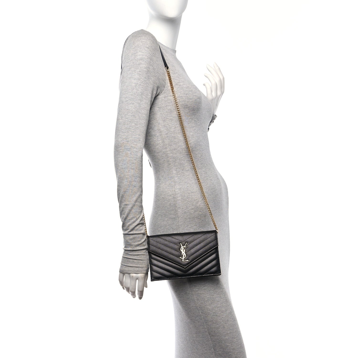 Saint Laurent Grain De Poudre Matelasse Chevron Monogram Envelope Chain Wallet Black 2 of 10