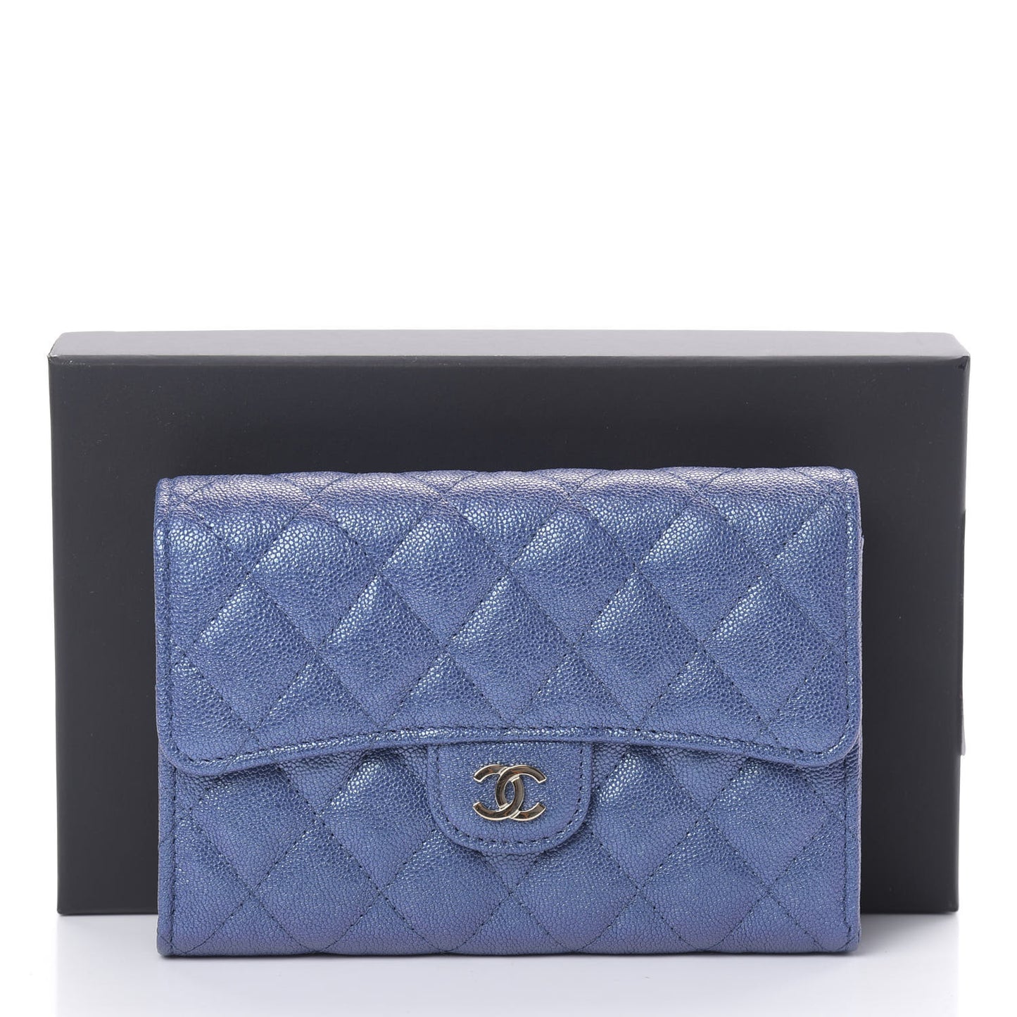 Iridescent Caviar Quilted Medium Flap Wallet Blue
