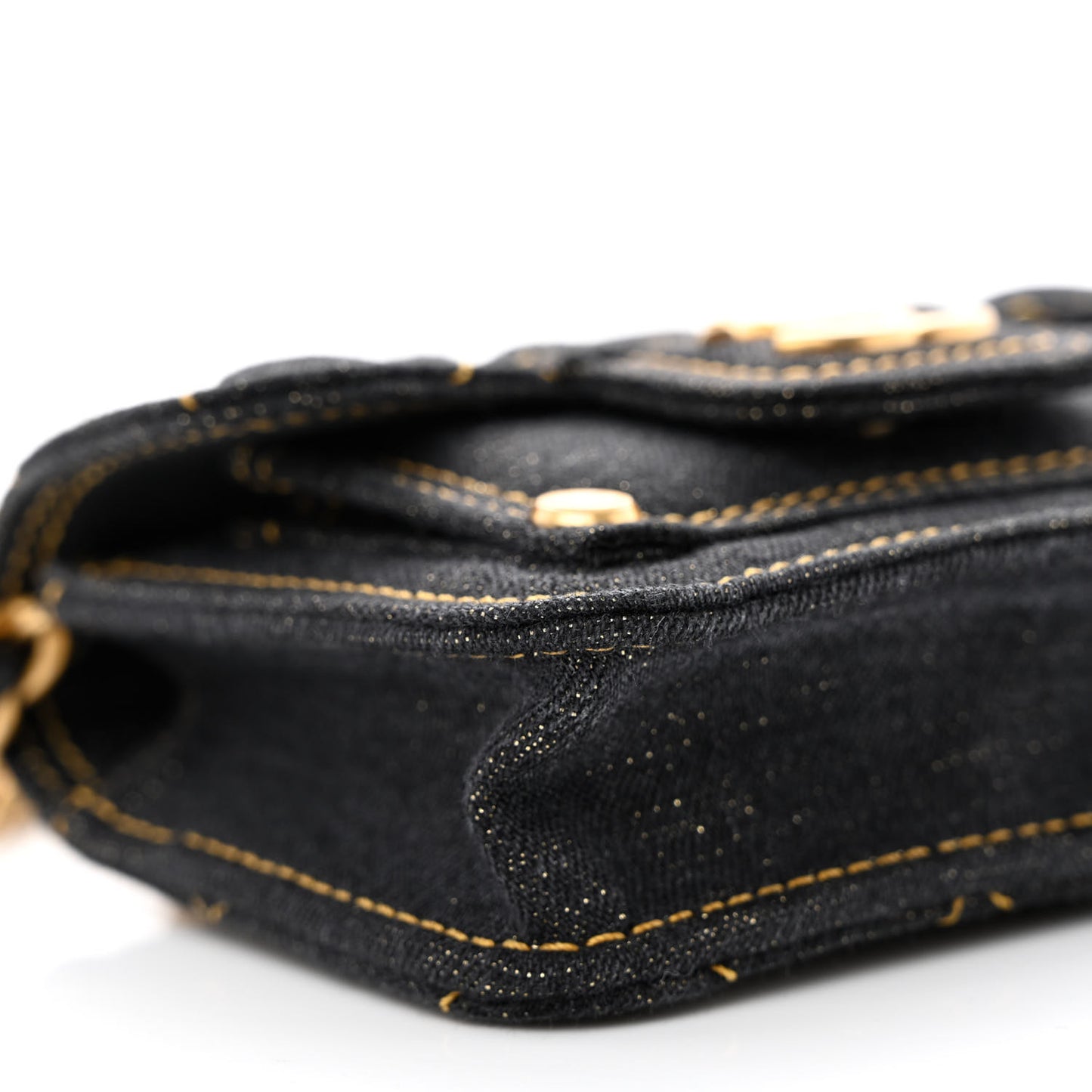 Denim Quilted Double You Card Holder On Chain Black Golden