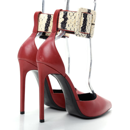 Saint Laurent Calfskin Snakeskin Ankle Strap Pumps 38.5 Red Cream 4 of 12
