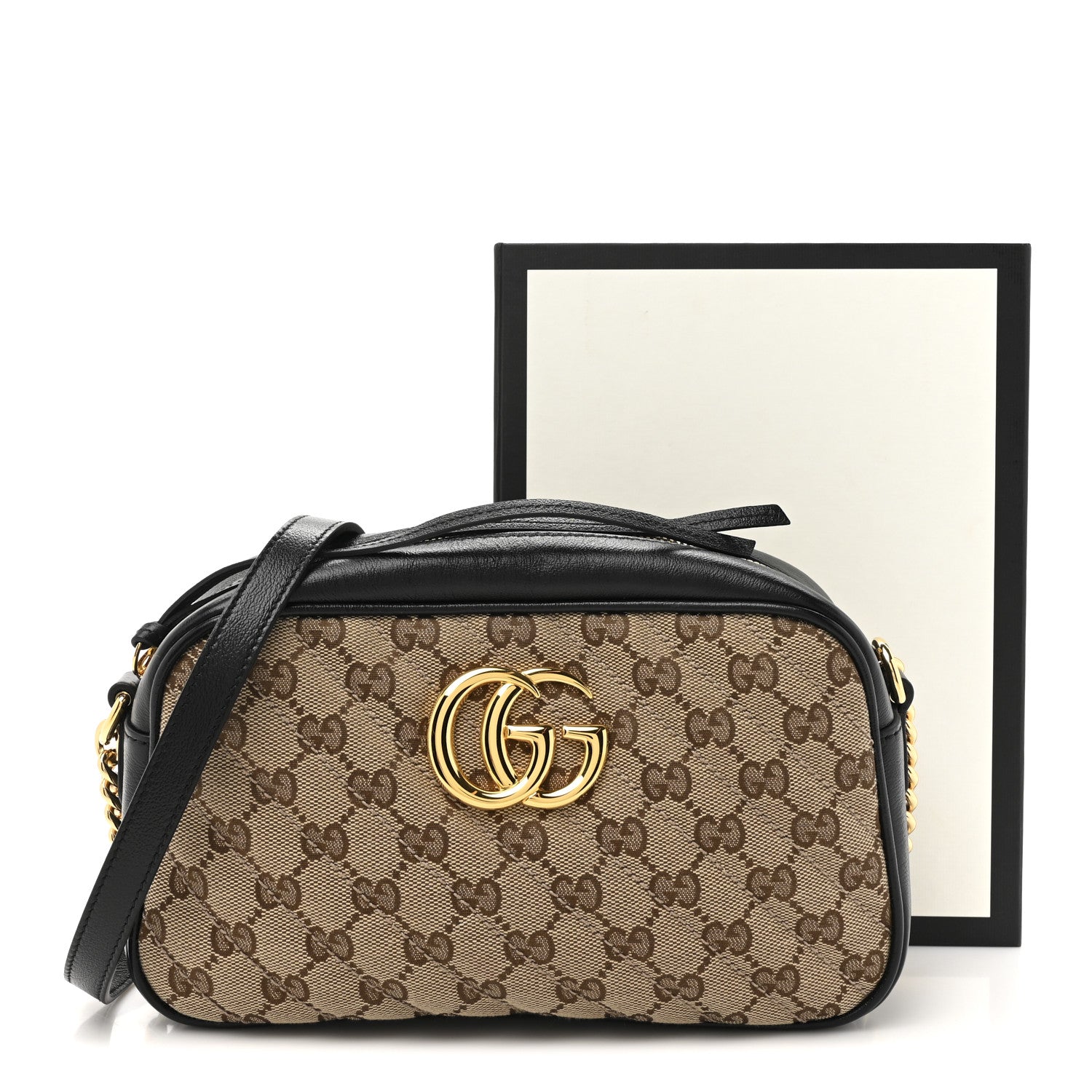 Gucci Monogram Matelasse Diagonal Small GG Marmont Chain Shoulder Bag Beige Black 11 of 11