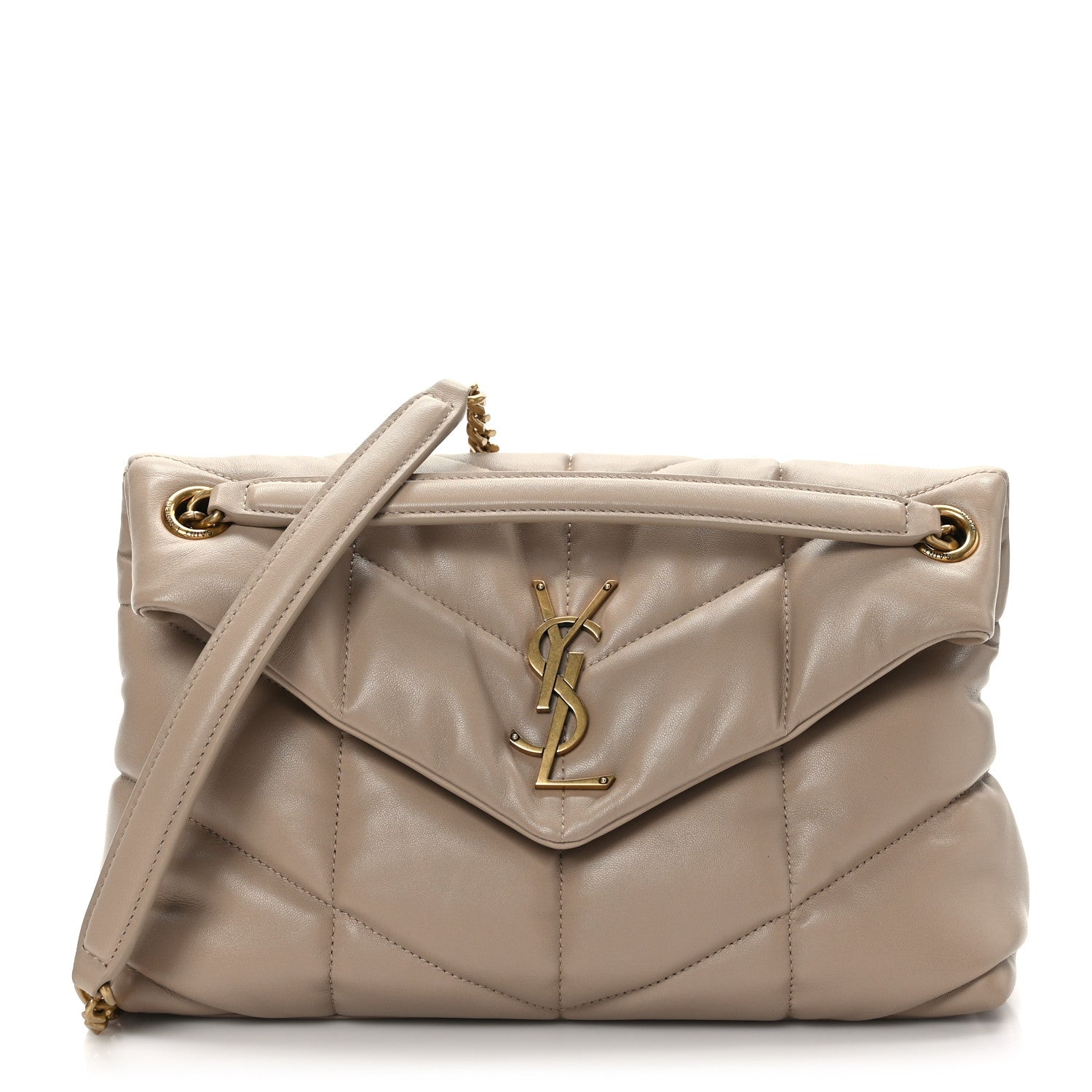 Saint Laurent Lambskin Quilted Small Loulou Puffer Monogram Chain Satchel Dark Beige 1 of 9
