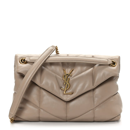 Saint Laurent Lambskin Quilted Small Loulou Puffer Monogram Chain Satchel Dark Beige 1 of 9