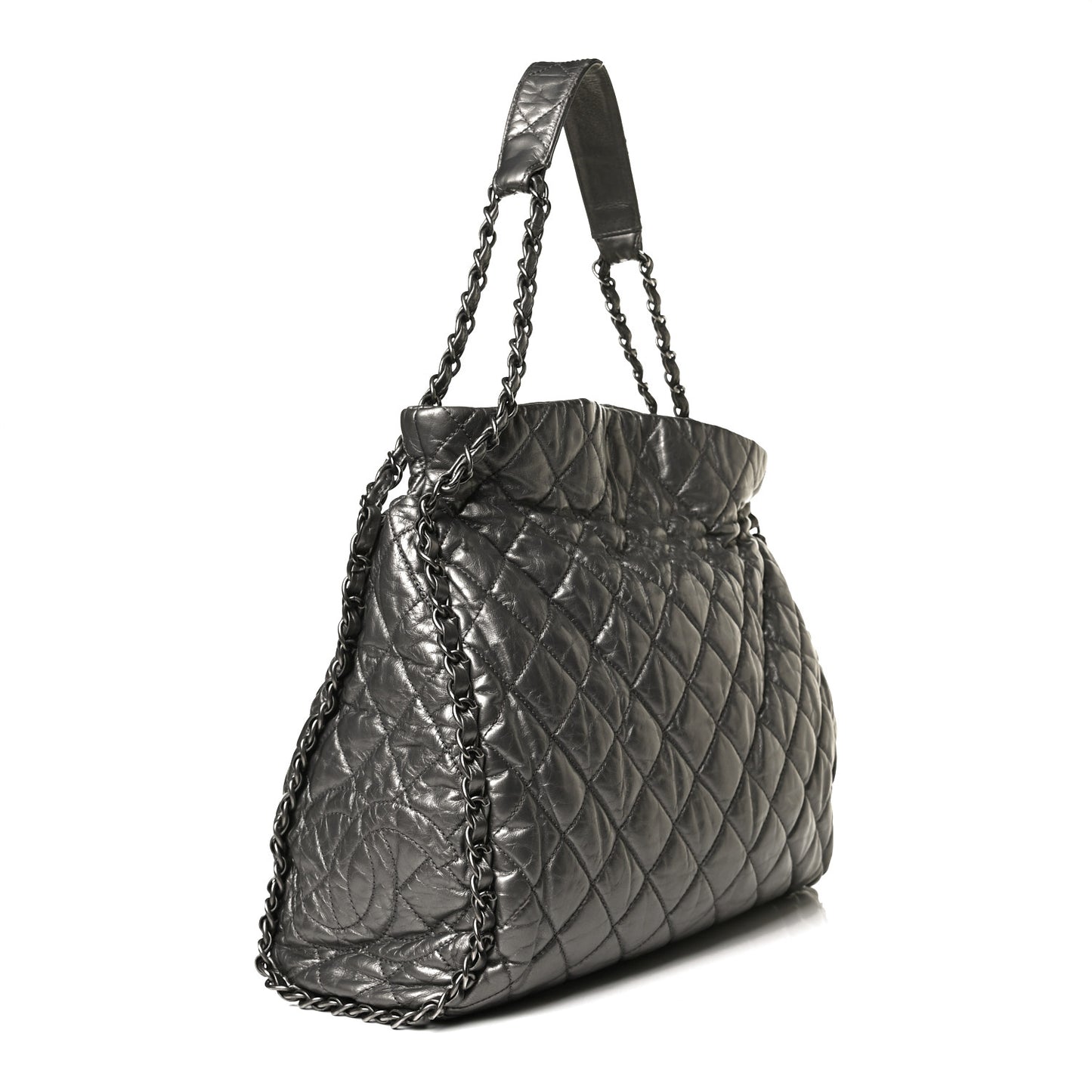 Metallic Calfskin Quilted Medium Chain Me Hobo Dark Silver
