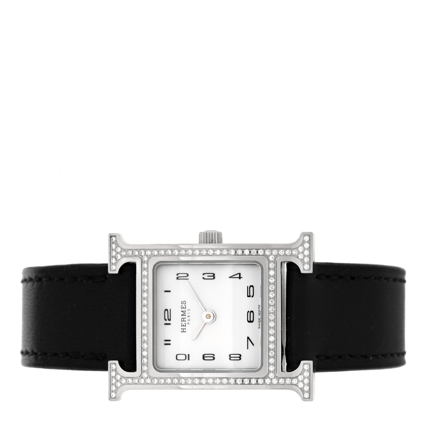 Hermes Stainless Steel Barenia Diamond Bezel Mother of Pearl 21mm Heure H Hour Quartz Watch Noir 2 of 4