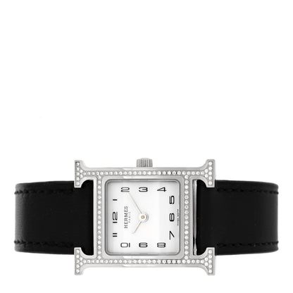 Hermes Stainless Steel Barenia Diamond Bezel Mother of Pearl 21mm Heure H Hour Quartz Watch Noir 2 of 4