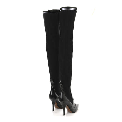 Fendi Vitello Lucido Stretch Fabric Striped Rockoko Thigh High 105mm Sock Boots 38 Black 5 of 7