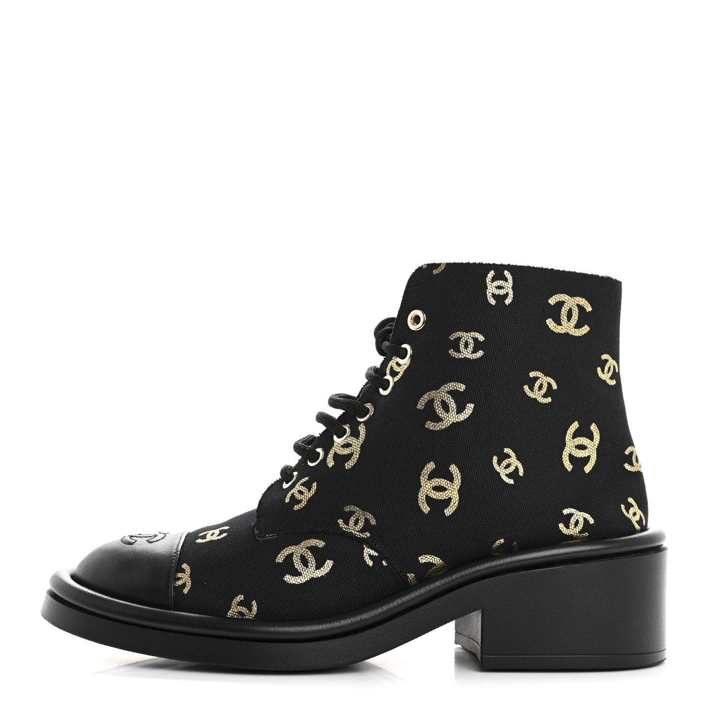 Lambskin Shearling Canvas CC Lace Up Boots 38.5 Black Gold