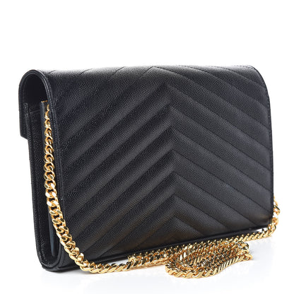 Saint Laurent Grain De Poudre Matelasse Chevron Monogram Chain Wallet Black 3 of 12