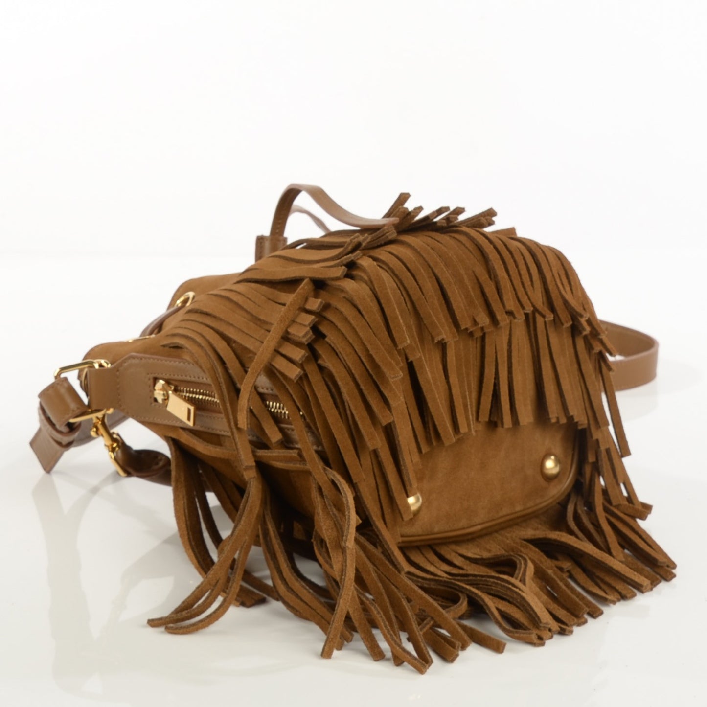 Suede Calfskin Small Emmanuelle Fringe Bucket Bag Ocher