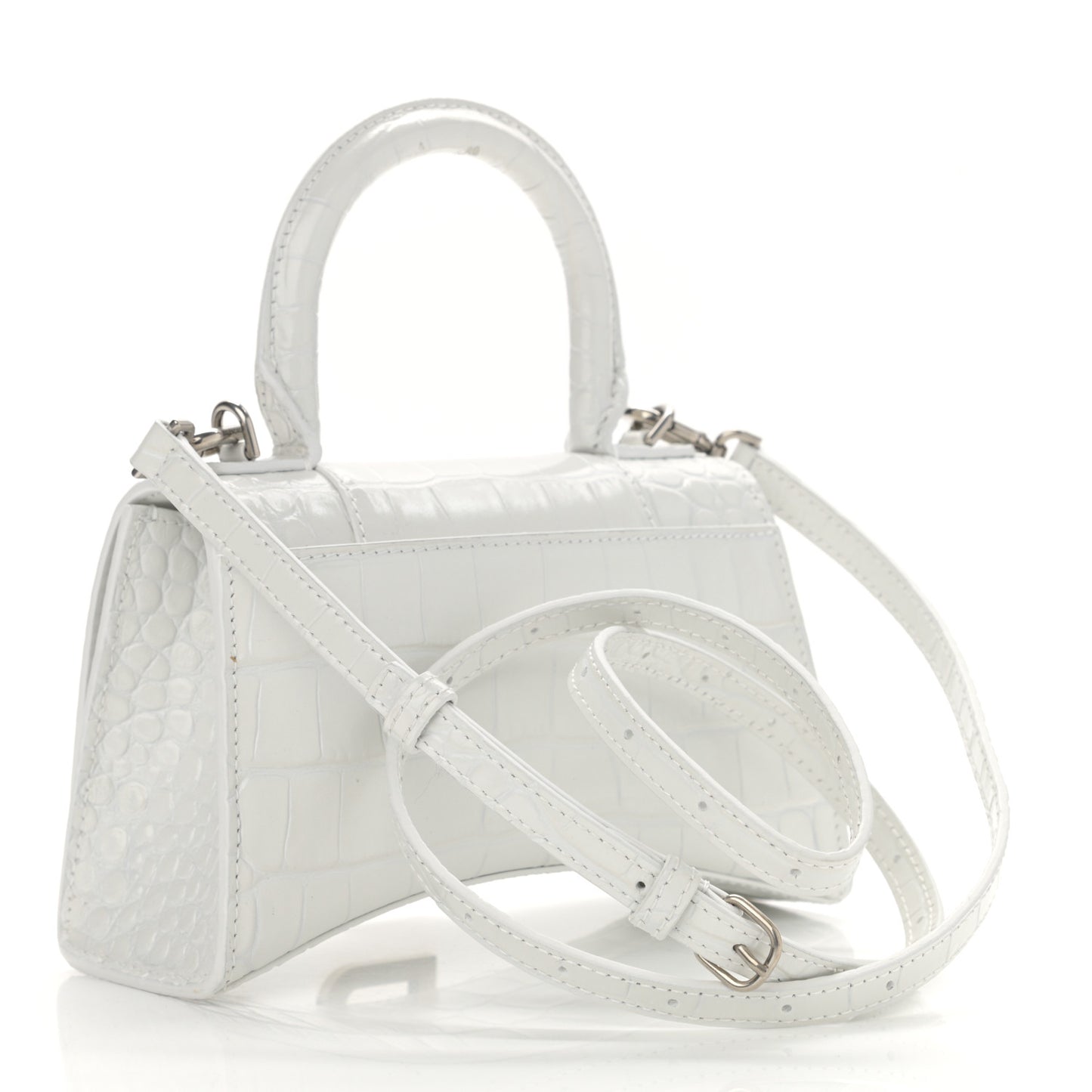 Shiny Calfskin Crocodile Embossed Hourglass Top Handle Bag XS White