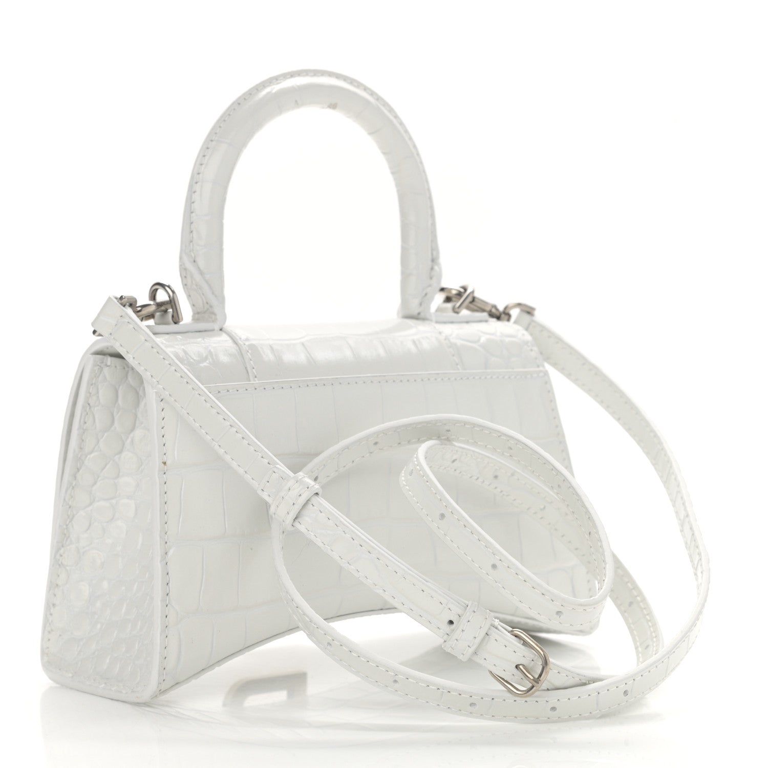Balenciaga Shiny Calfskin Crocodile Embossed Hourglass Top Handle Bag XS White 3 of 10
