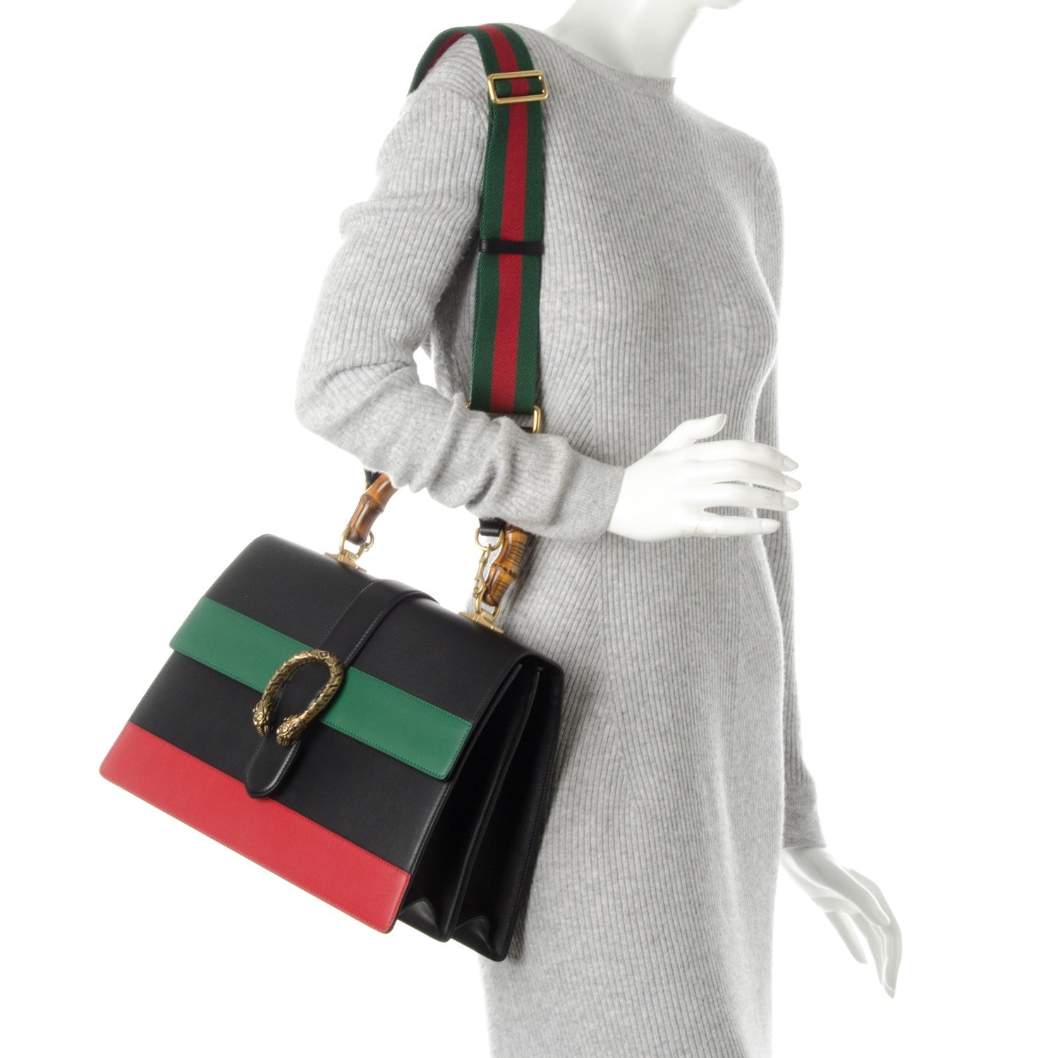 Gucci Calfskin Bamboo Web Large Dionysus Top Handle Bag Black Bright Evergreen Hibiscus Red 4 of 9