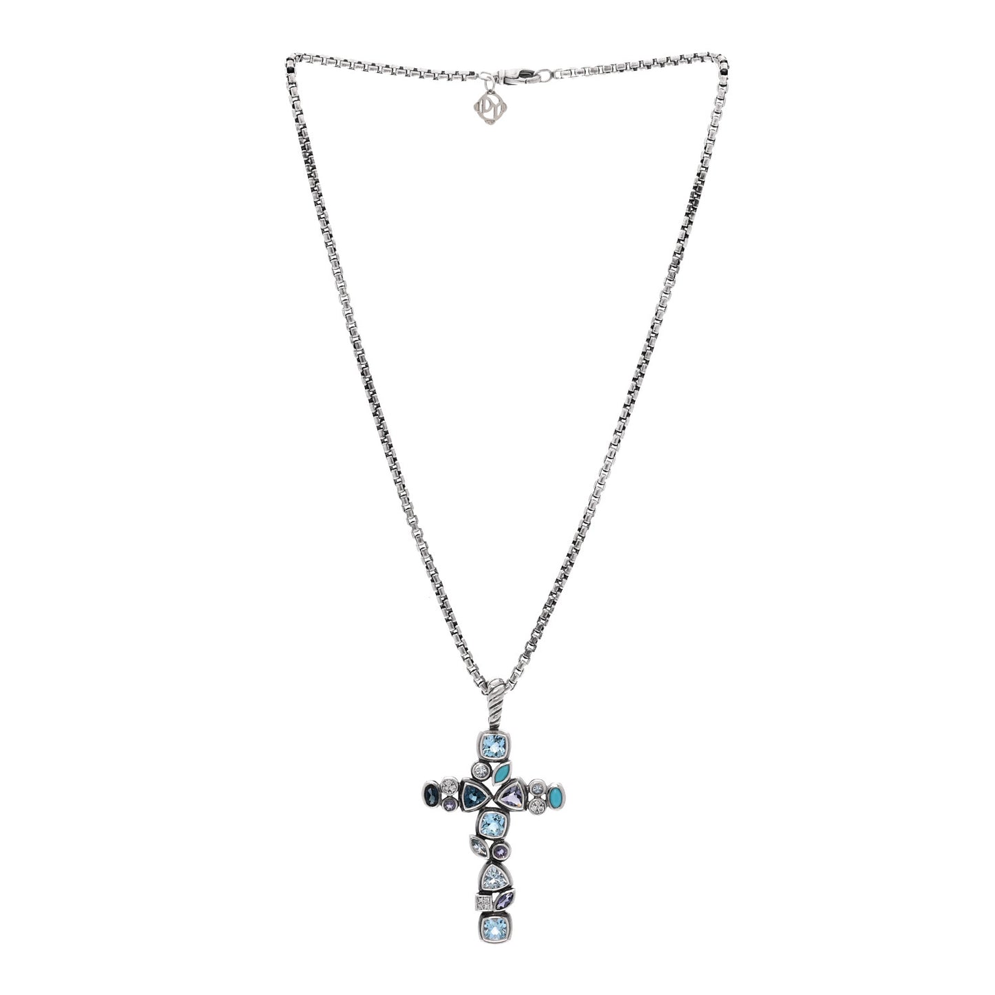Sterling Silver 14K Yellow Gold Diamond Blue Topaz Turquoise Iolite Mosaic Cross Pendant Necklace