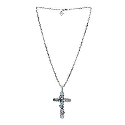David Yurman Sterling Silver 14K Yellow Gold Diamond Blue Topaz Turquoise Iolite Mosaic Cross Pendant Necklace 3 of 4