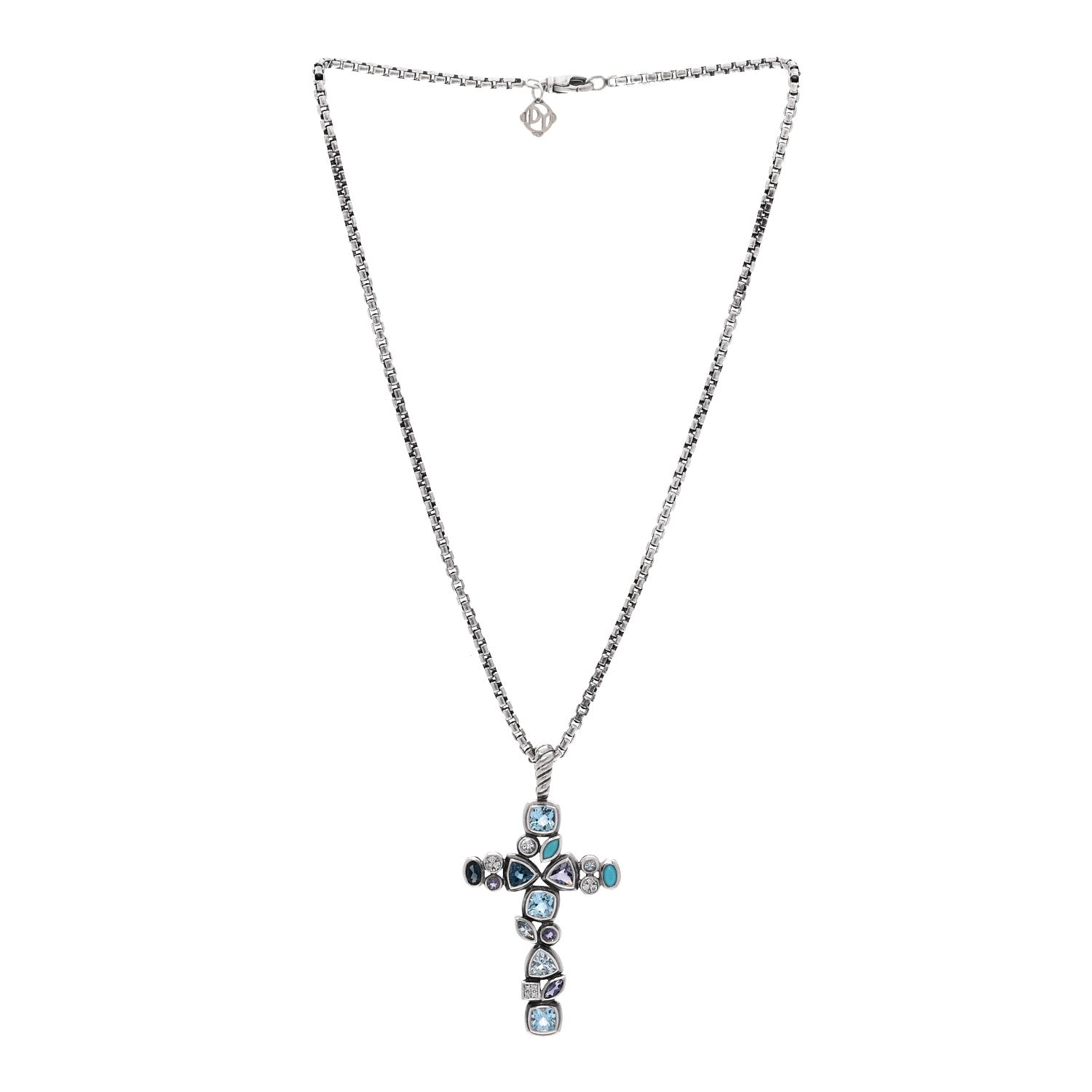 David Yurman Sterling Silver 14K Yellow Gold Diamond Blue Topaz Turquoise Iolite Mosaic Cross Pendant Necklace 3 of 4