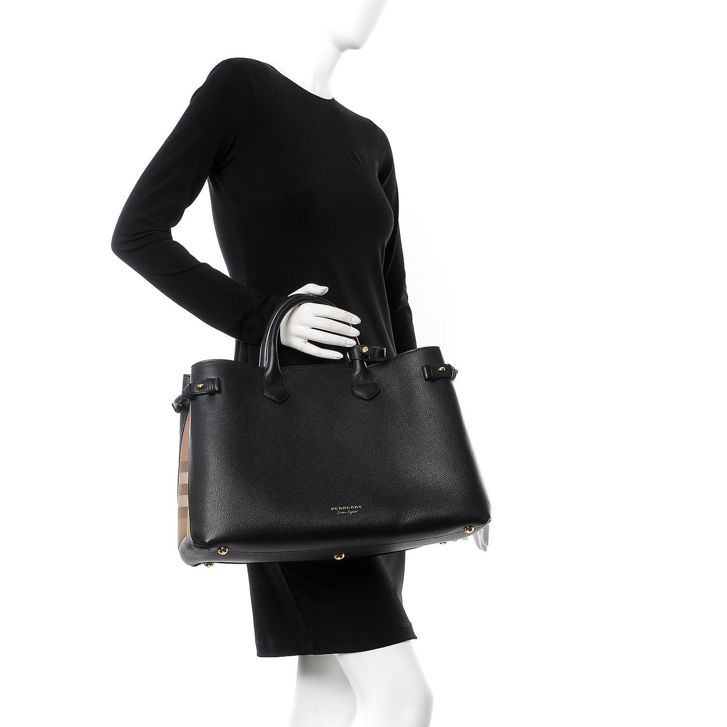 Grainy Calfskin House Check Large Banner Tote Black