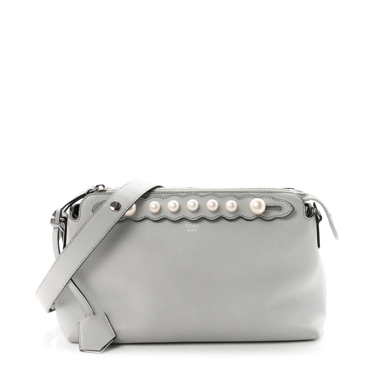 Fendi Vitello Dolce Pearl Scalloped Studded Medium By The Way Boston Bag Grigio Perla 1 of 10