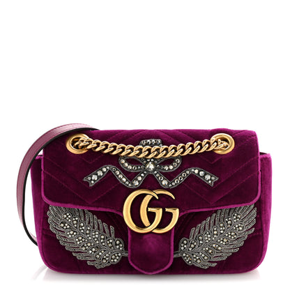 Gucci Velvet Matelasse Embroidered Mini GG Marmont Shoulder Bag Bordeaux 1 of 12