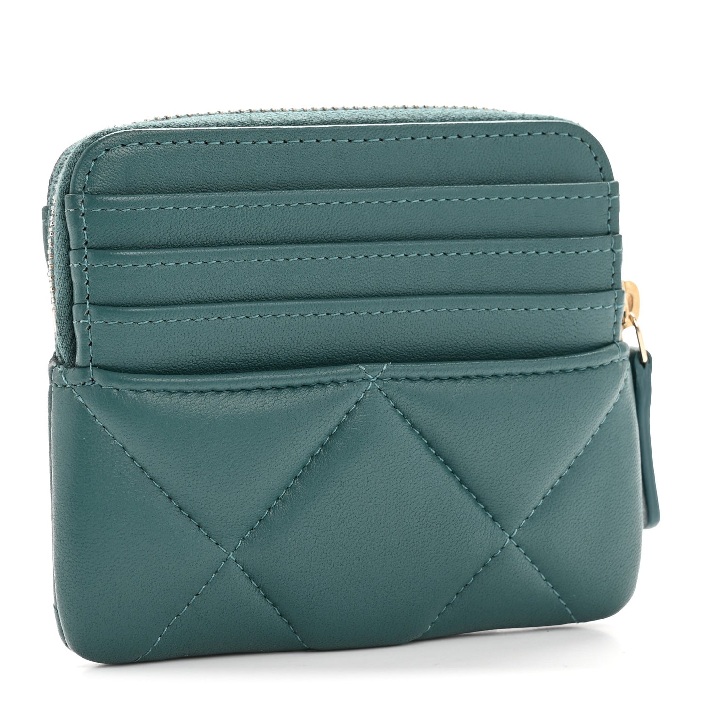 Lambskin Quilted Chanel 19 Zip Card Holder Wallet Dark Green