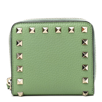 Valentino Garavani Pebbled Calfskin Rockstud Compact Zip Around Wallet Powder Green 1 of 4