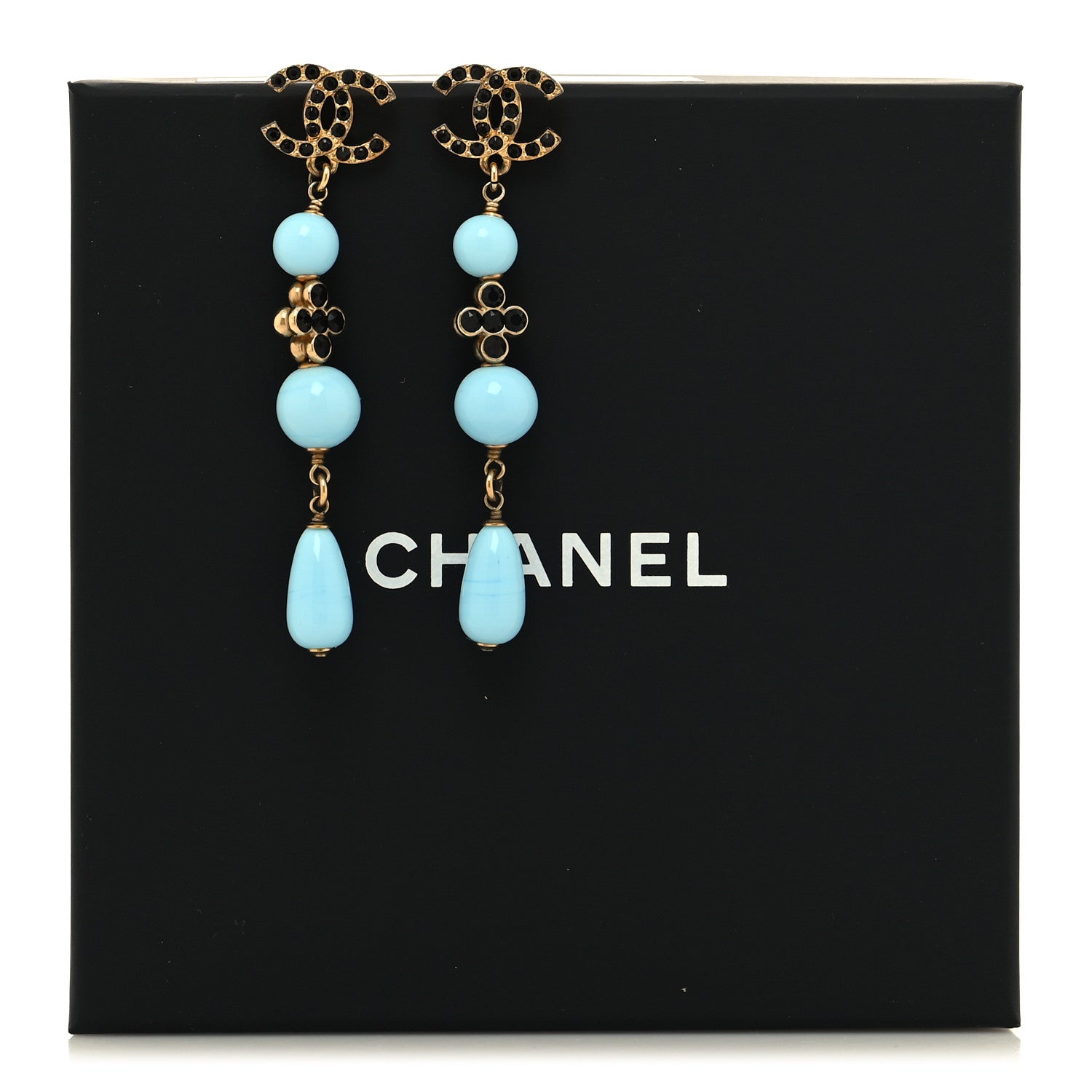 Chanel Crystal Bead CC Dangle Earrings Gold Blue Black 5 of 5