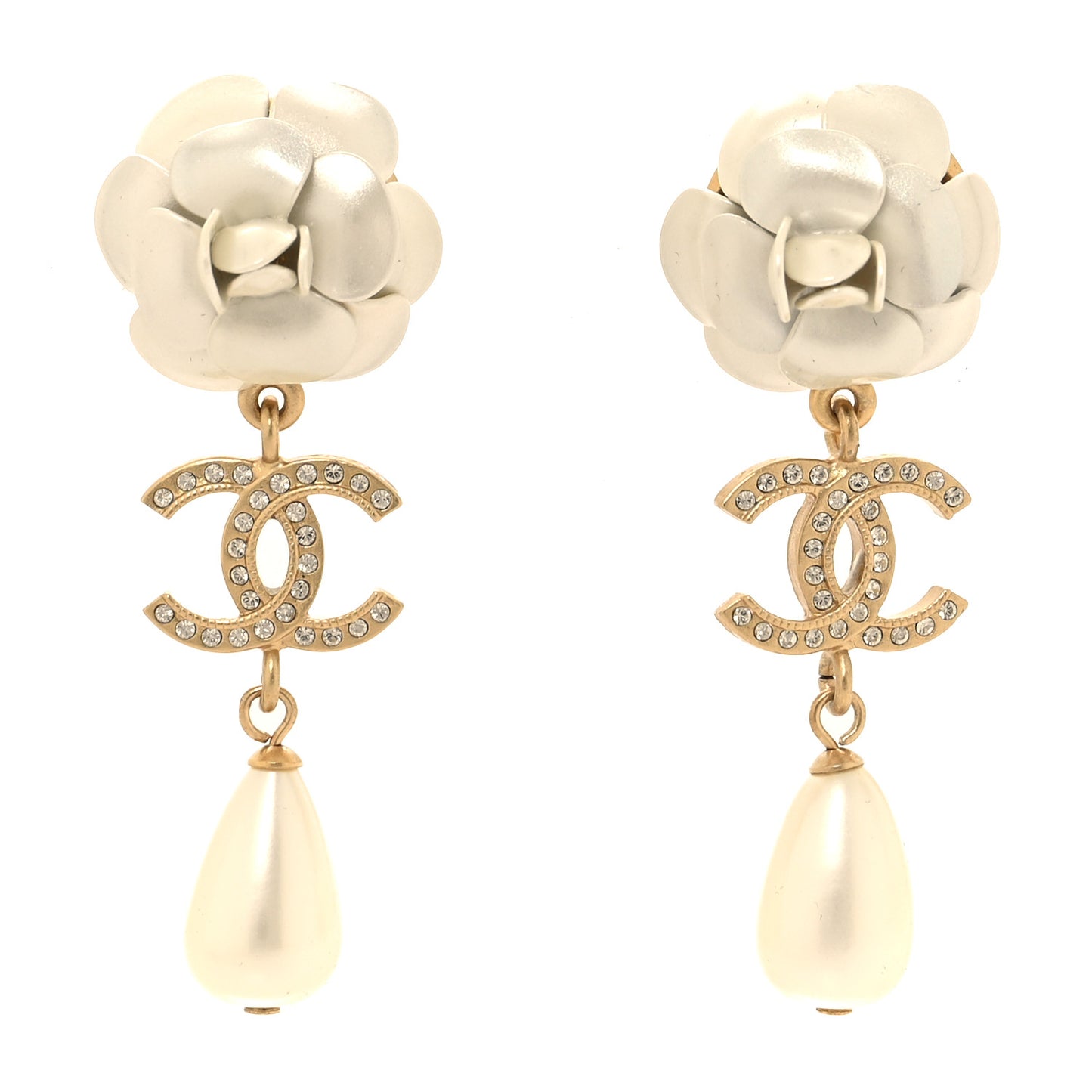 Metal Crystal Pearl 90s Camellia CC Drop Earrings Gold