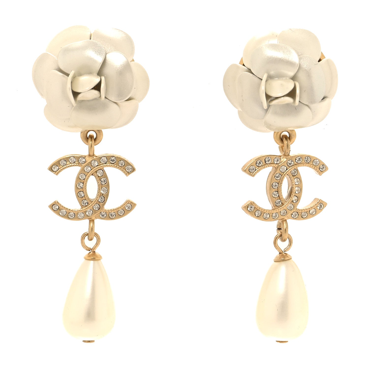 Chanel Metal Crystal Pearl 90s Camellia CC Drop Earrings Gold 1 of 5