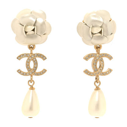 Chanel Metal Crystal Pearl 90s Camellia CC Drop Earrings Gold 1 of 5