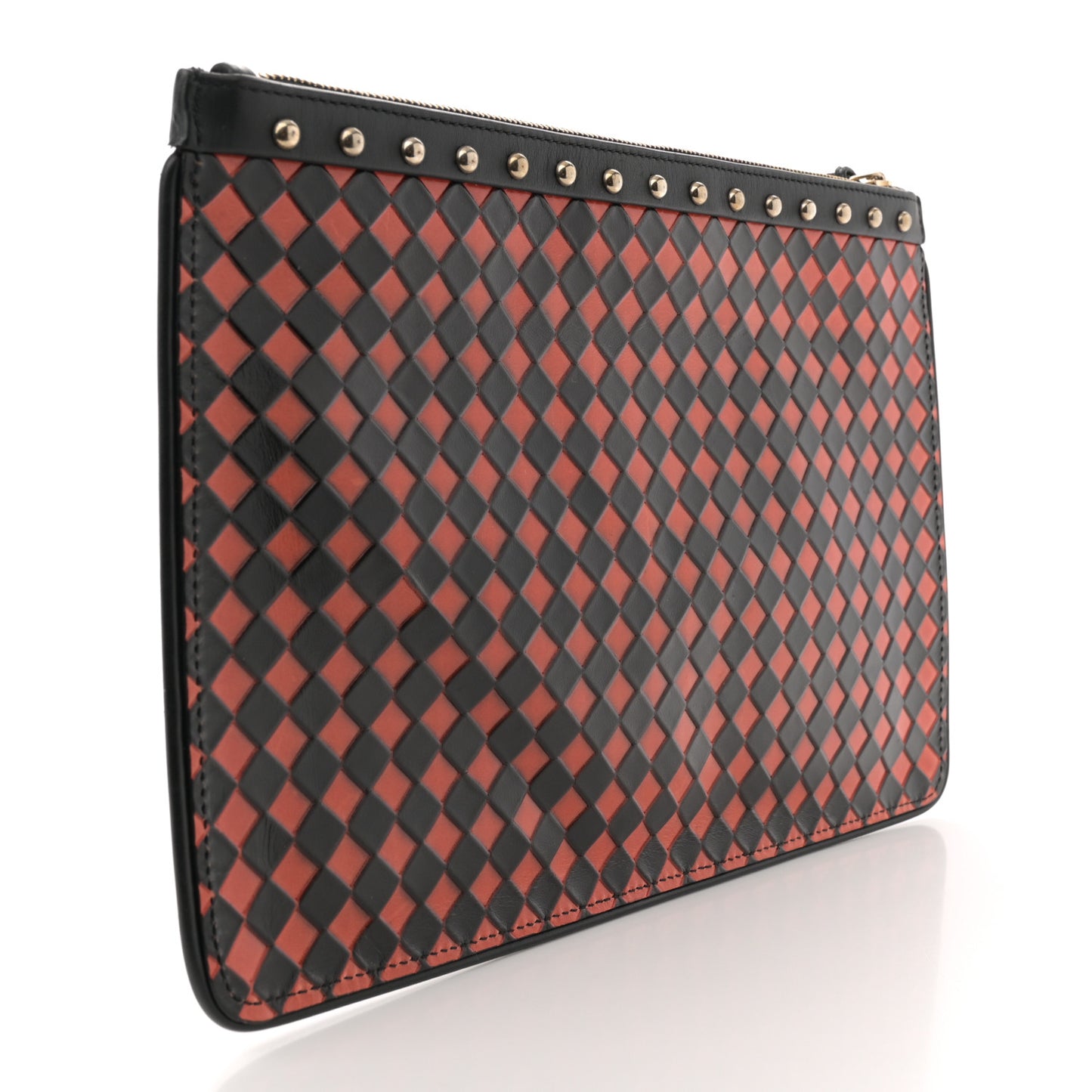 Lambskin Checkered Medium Embossed Zip Pouch Black Orange