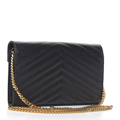 Saint Laurent Grain De Poudre Matelasse Chevron Monogram Chain Wallet Black 3 of 9