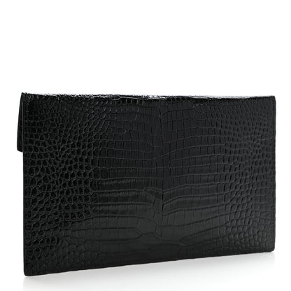 Saint Laurent Calfskin Crocodile Embossed Uptown Monogram Clutch Black 3 of 7