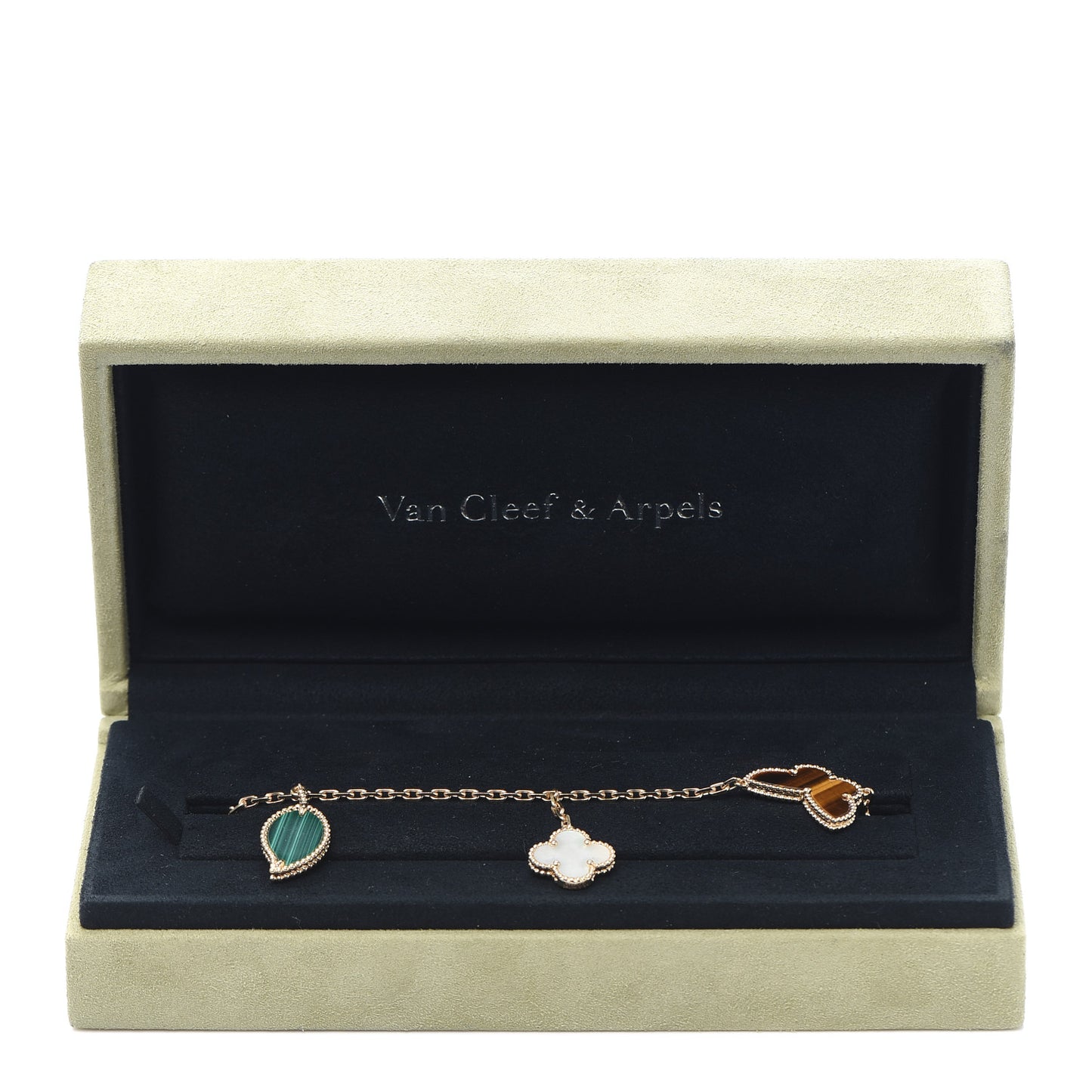 18K Yellow Gold Mother of Pearl Malachite Carnelian Tiger Eye 4 Motifs Lucky Alhambra Bracelet