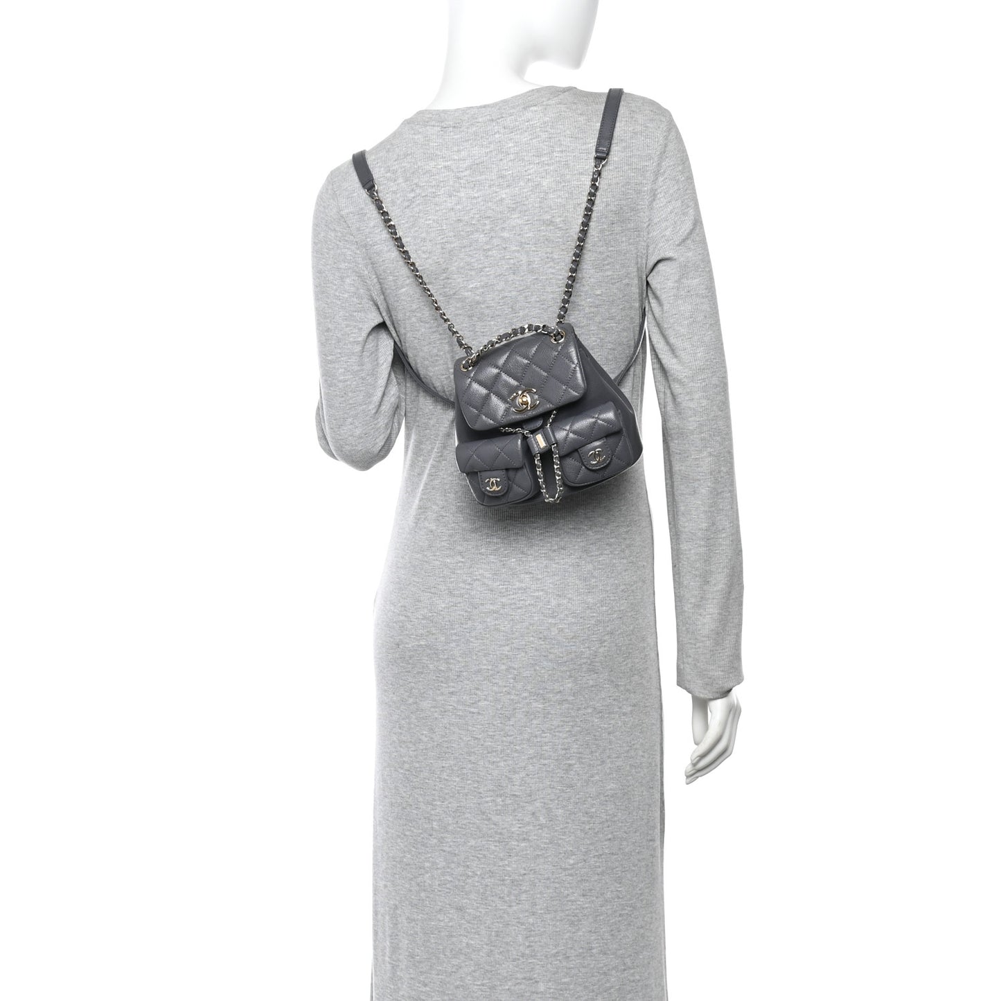 Shiny Caviar Quilted Small Duma Pockets Drawstring Backpack Grey