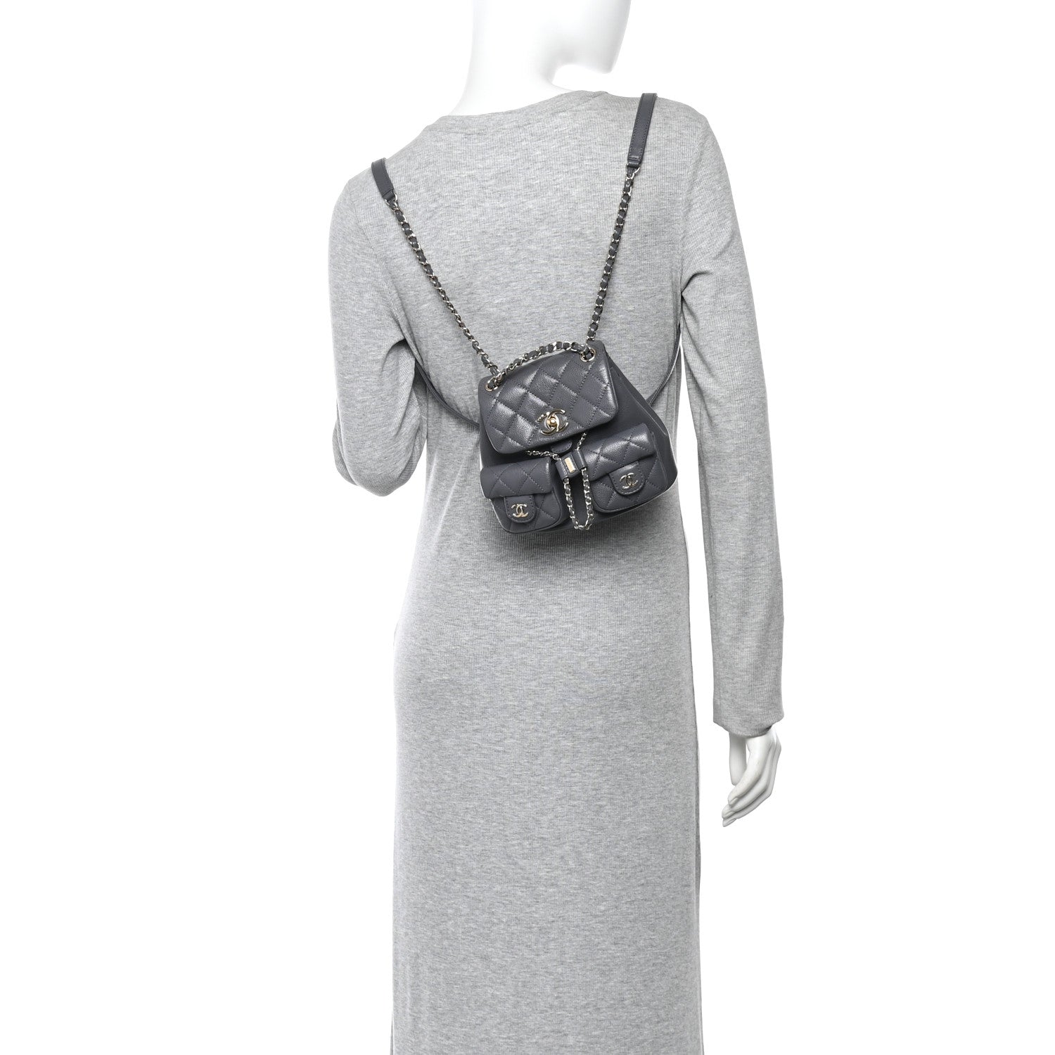 Chanel Shiny Caviar Quilted Small Duma Pockets Drawstring Backpack Grey 2 of 10