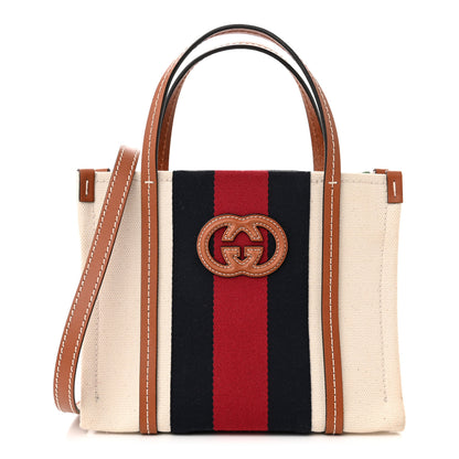 Gucci Canvas Calfskin Web Mini Interlocking G Top Handle Tote White Brown Blue Red 1 of 11
